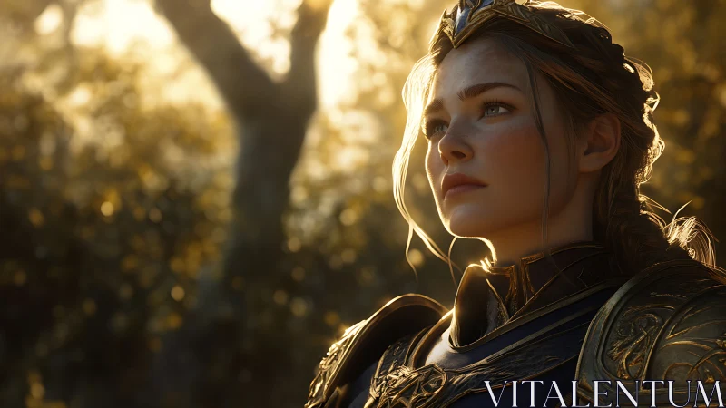 Fantasy warrior woman in ornate armor under warm sunlight.