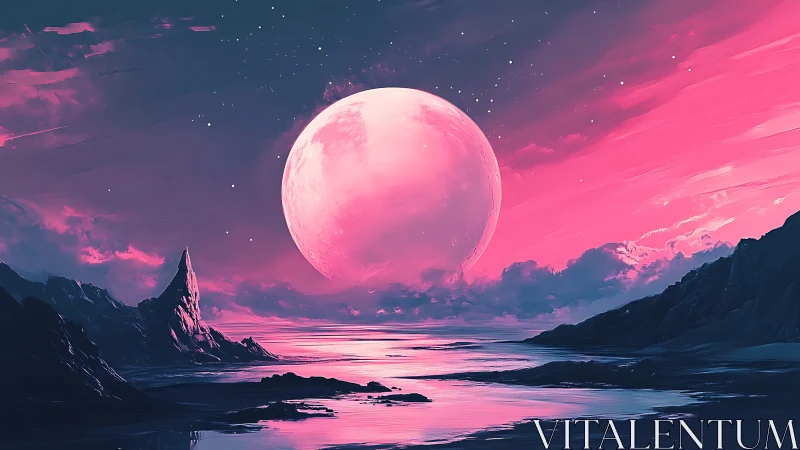 Luminous pink moon dominates neon-tinted alien seascape sky
