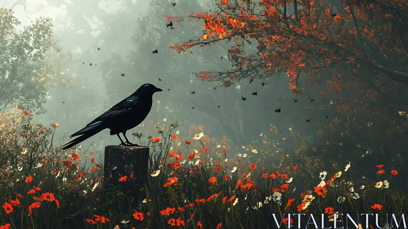 Black crow on stump amid foggy autumn wildflower grove.