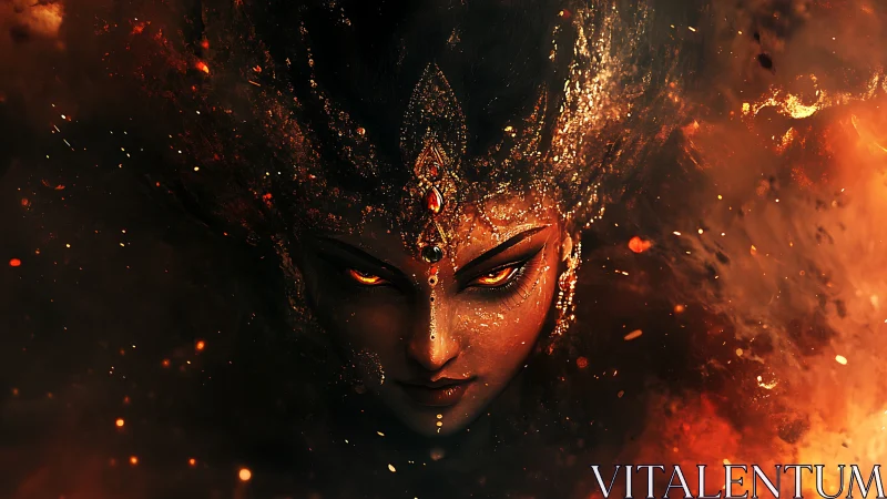 Fiery goddess gazes through swirling embers with fierce calm