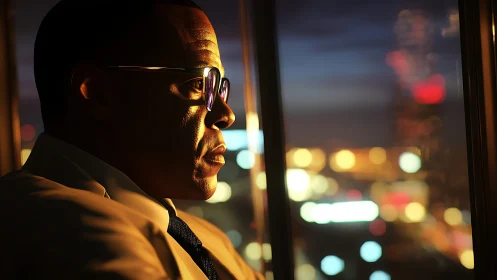 Pensive businessman watches city lights in warm dusk glow.