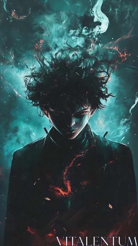 Silhouetted figure in teal smoke with red ember accents.