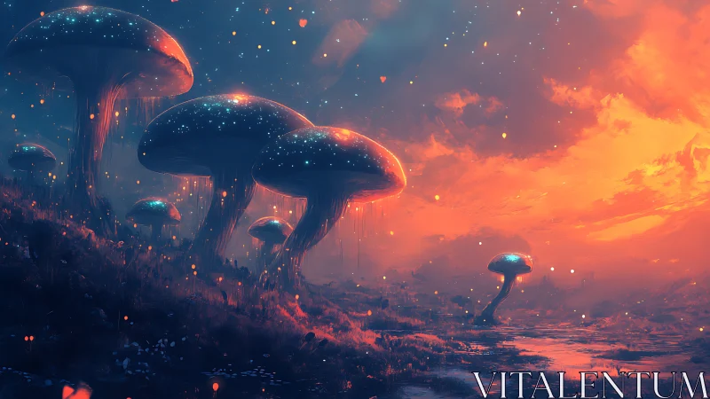 Glowshroom valley under a dreamy neon twilight sky.