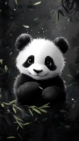Gentle baby panda smiles softly amid quiet forest bamboo