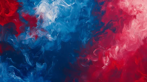 Abstract paint fields merge in red, blue and white motion