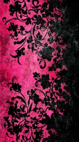 Ornate black floral scrollwork on distressed magenta field.