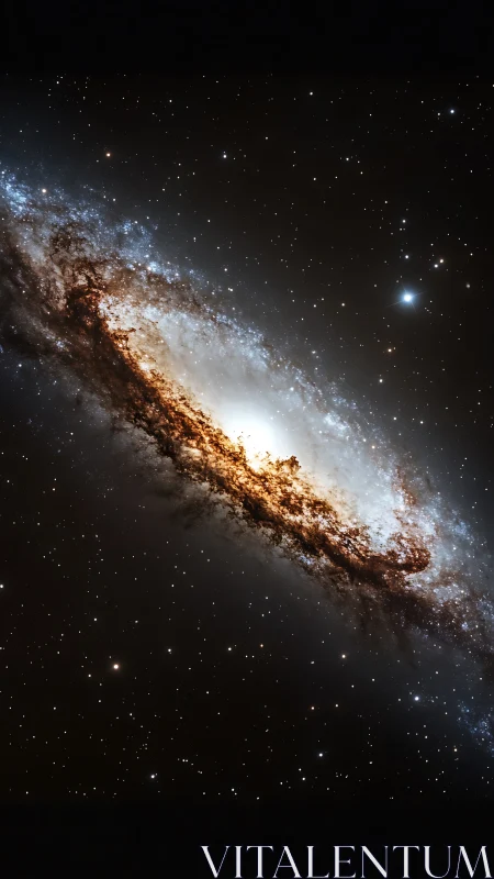 Edge-on spiral galaxy with dense dust lane in star field.