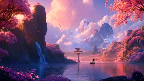 Dreamy pink mountains cradle a tranquil lake and quiet boat