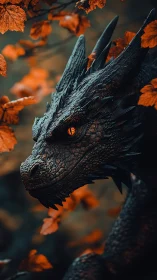 Gentle autumn dragon watching quietly through orange leaves.