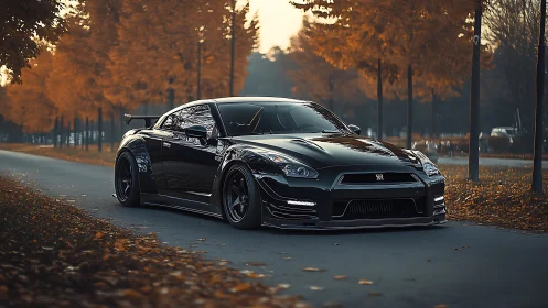 Midnight tuner beast cruising through ember-leaf autumn streets.