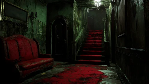 Decaying mansion hallway with blood-red carpet and stairs.