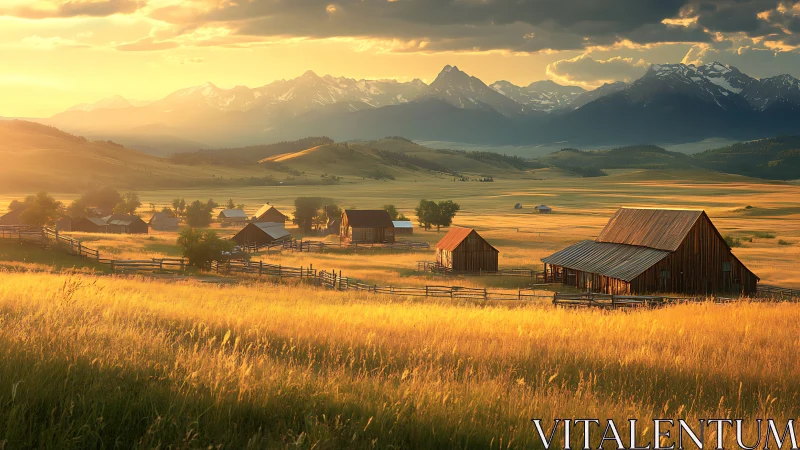 Golden farm valley glows gently beneath distant blue mountains
