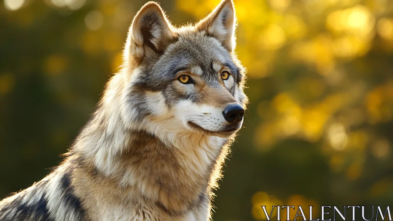 Wolf portrait shows sharp profile against blurred golden background