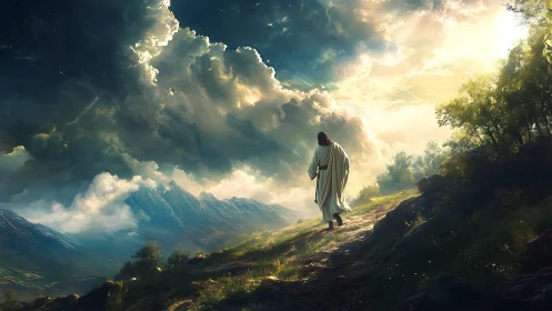 Lone robed wanderer climbs sunlit path beneath storming heavens.