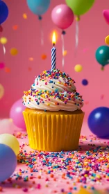 Colorful birthday cupcake with lit candle surrounded by balloons and sprinkles