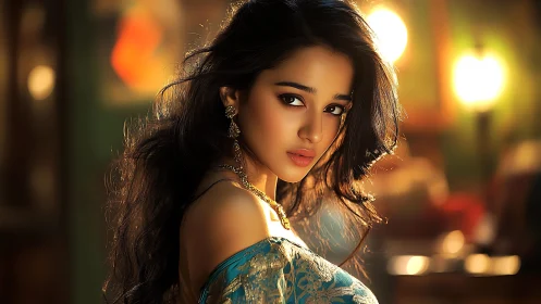 Luminous portrait of woman in teal saree, bokeh-lit evening.