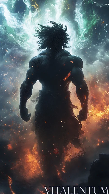 Backlit warrior silhouette emerges through volumetric fire and smoke
