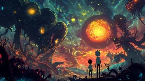 Cosmic travelers gaze into a glowing alien sky of wonders