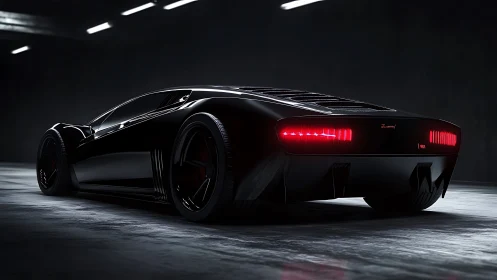 Black supercar in dark garage with illuminated rear lights.