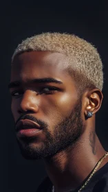 Portrait of man with blond fade hair and sharp lighting.