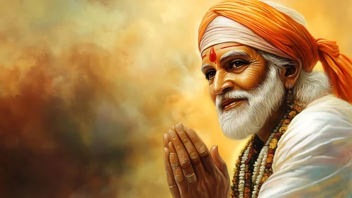 Smiling Hindu elder saint in prayer against golden clouds.