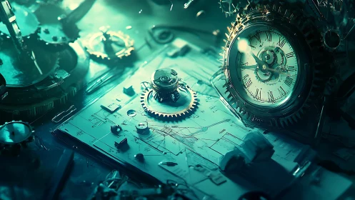 Clockwork mechanisms over technical schematics in teal light.