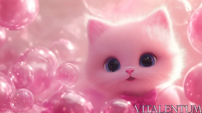 Ethereal Pink Kitten Among Floating Bubbles.