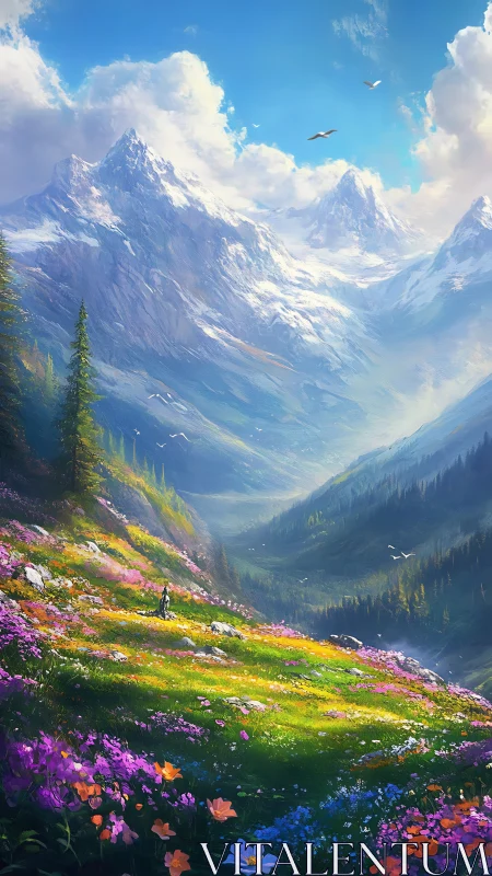 Digital painting of alpine wildflower valley and soaring peaks.