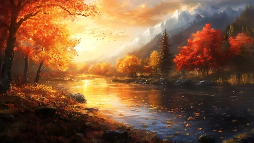 Autumn river valley at sunset with glowing foliage and peaks