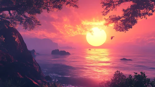 Radiant tropical sunset bathes rocky coastline in neon light.