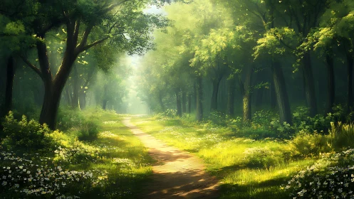 Sunlit Forest Path with Wildflowers in Dreamy Realistic Style.