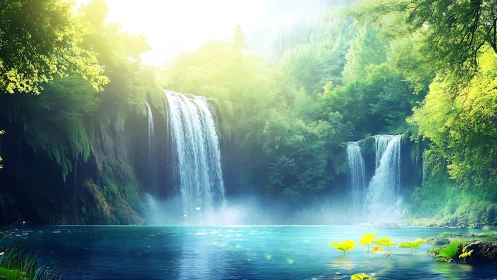 Luminous twin waterfalls cascading into turquoise forest pool.