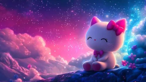 Cartoon cat figurine on stylized cosmic landscape at night.