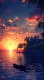 Rowboat, distant buildings and birds align under sunset sky