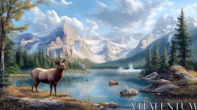 Majestic elk king greeting mirror-still alpine morning light.