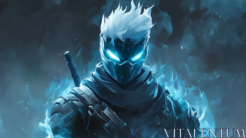 Digital painting of a spectral cyber ninja in blue flames.