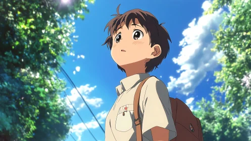 Anime summer street scene with contemplative schoolboy focus.