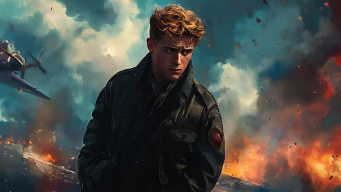 Digital painting of WWII pilot in cinematic battle tableau.