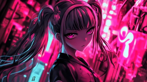 Neon lit anime girl with pigtails in moody city street.