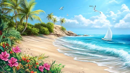 Sunlit tropical shore with sailboat and blooming foreground.