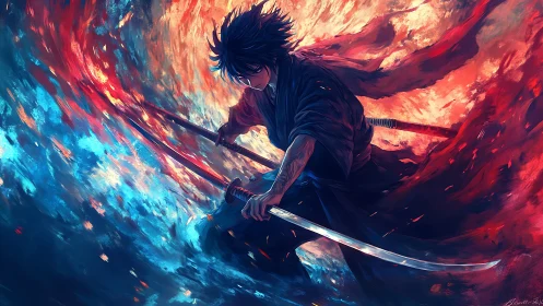 Samurai warrior with twin katanas in fiery blue vortex