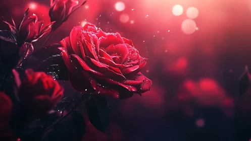 Red roses with bokeh lighting and water droplets on petals