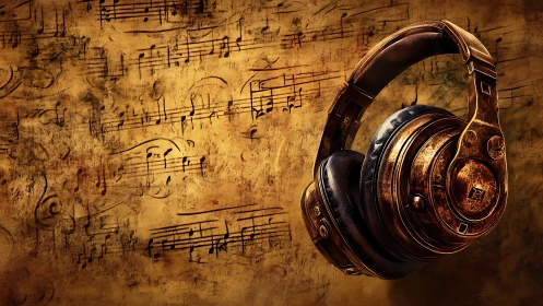 Vintage headphones rest against grungy musical score wall