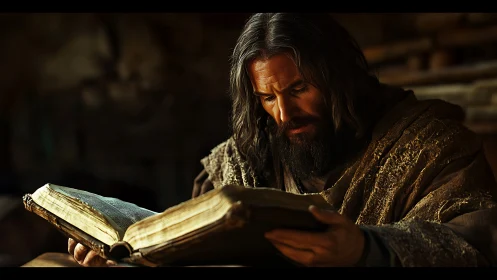 Bearded scholar studies ancient tome in warm lamplight.