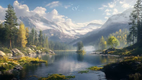 Mountain lake landscape with forest, rocks, and distant peaks.