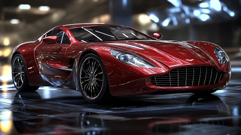 Sleek red supercar under cinematic garage lighting.