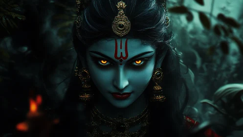 Digital painting portrait of blue-skinned goddess with fiery gaze.