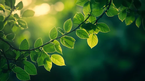 Sunlit green leaves on branch in serene nature photography.