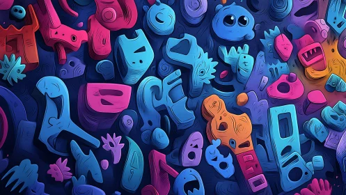 Playful abstract totems in layered neon cartoon relief.