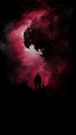 Silhouetted figure before colossal crimson dragon silhouette.